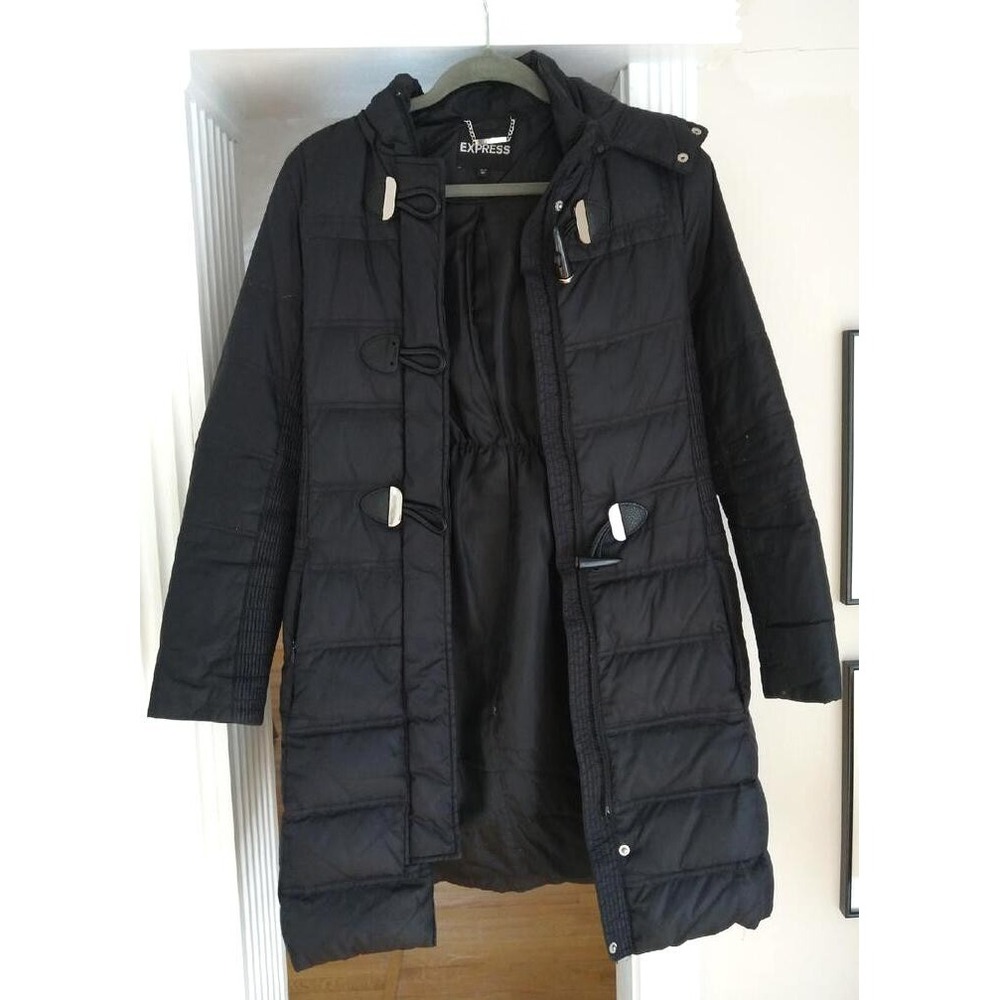 Express Womens Long Down Puffer Coat Faux Fur Hooded Black XS Toggle Jacket